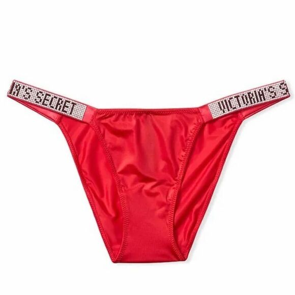 Victorias Secret Bombshell Shine Rhinestones Strap String Bikini panty Red Small - Picture 1 of 8